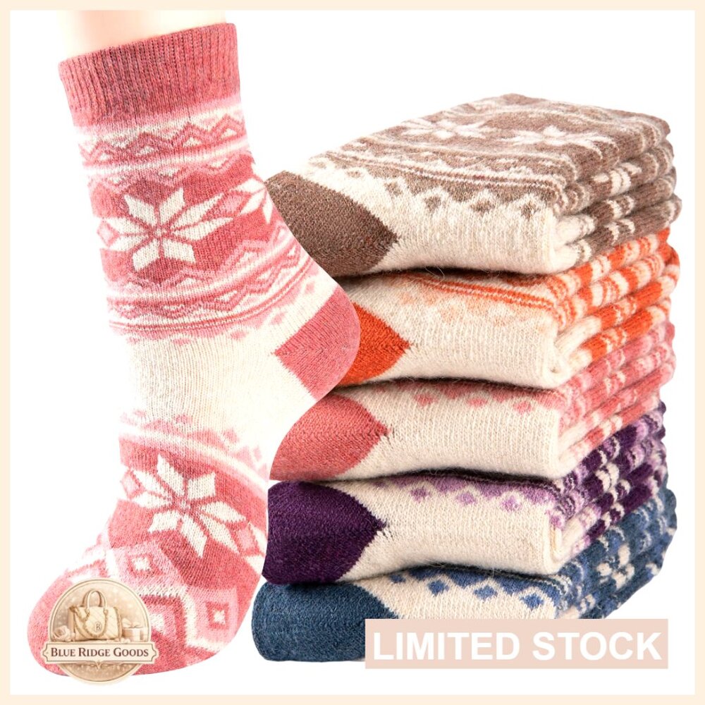 Wool Thermal Winter Socks Warm Thick Cozy Vintage Knit Crew 5-Pack